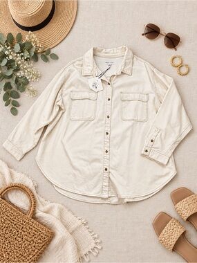 Ava & Viv Cream Utility Shacket Jacket 3X Plus Size Button Down NWT